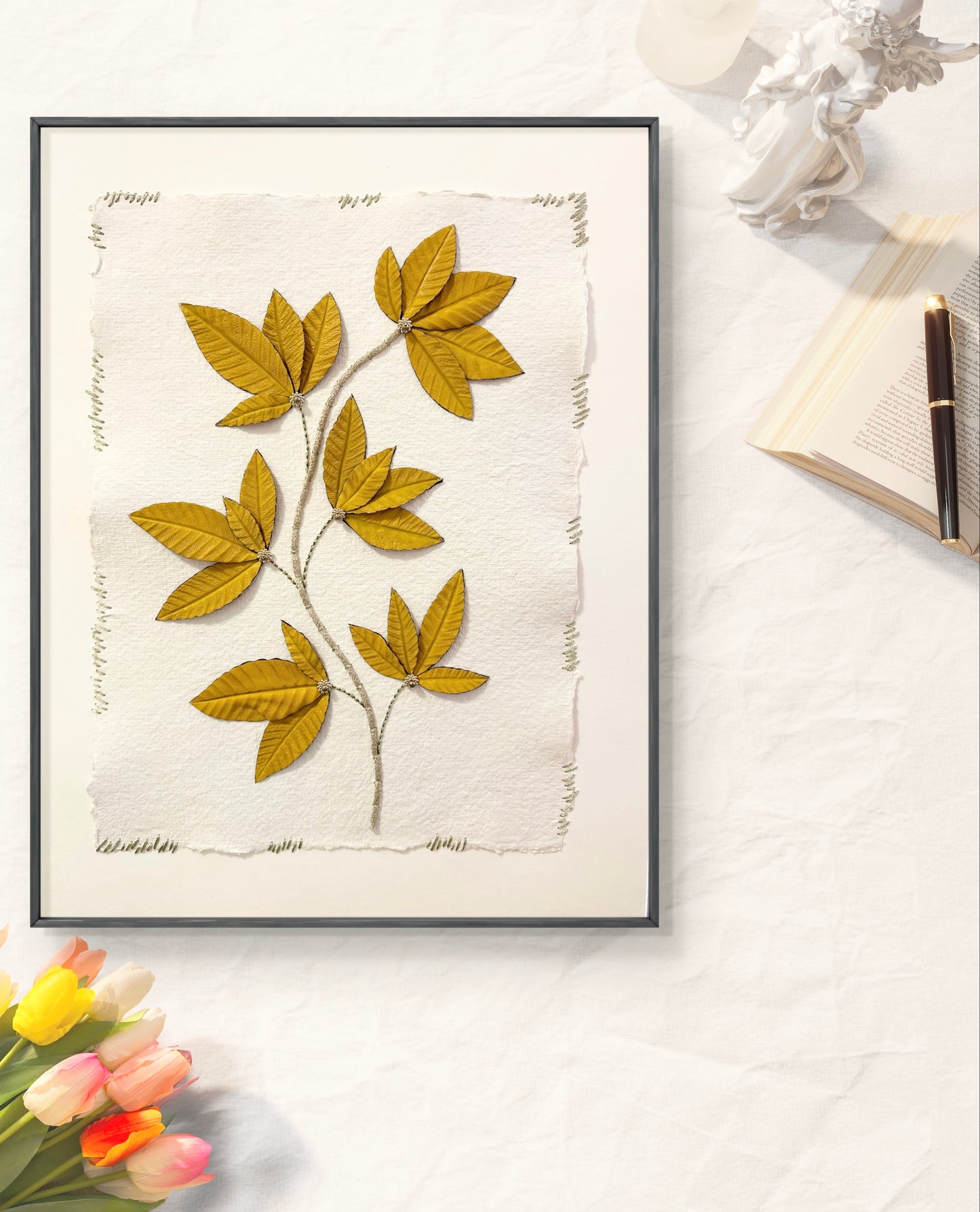 Embroidered picture with leather