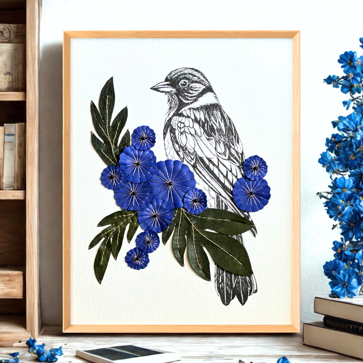 Embroidered picture with leather