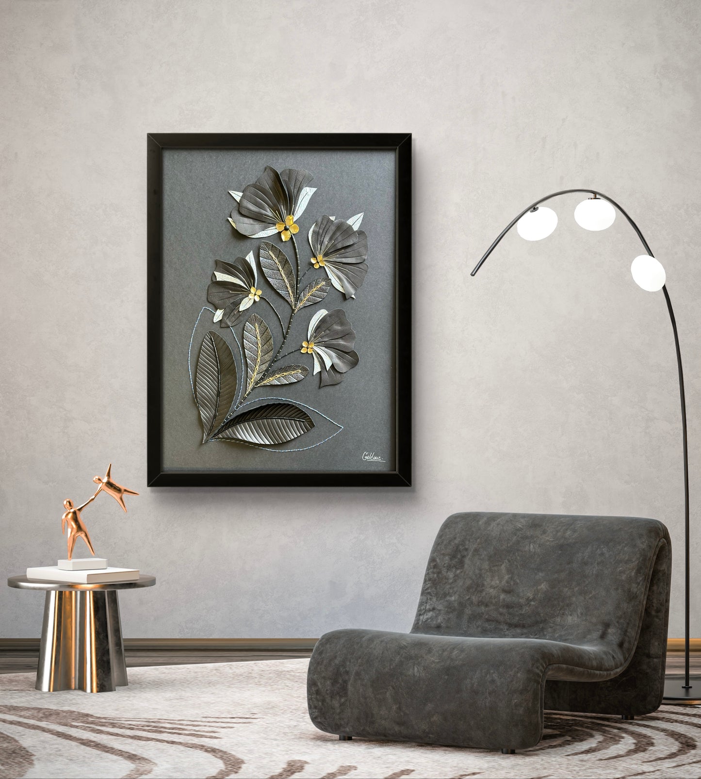 Embroidered picture with leather