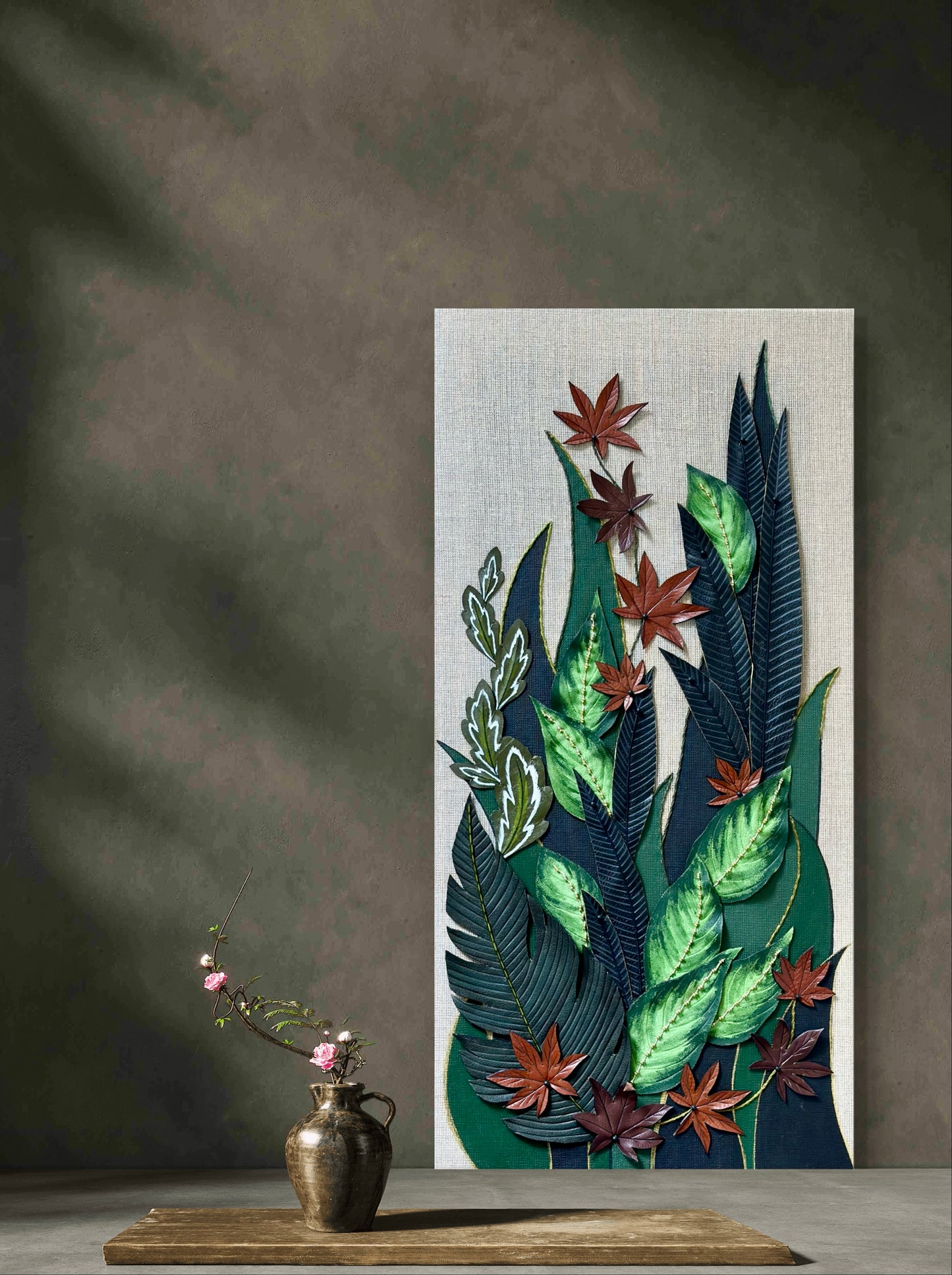 Embroidered picture with leather