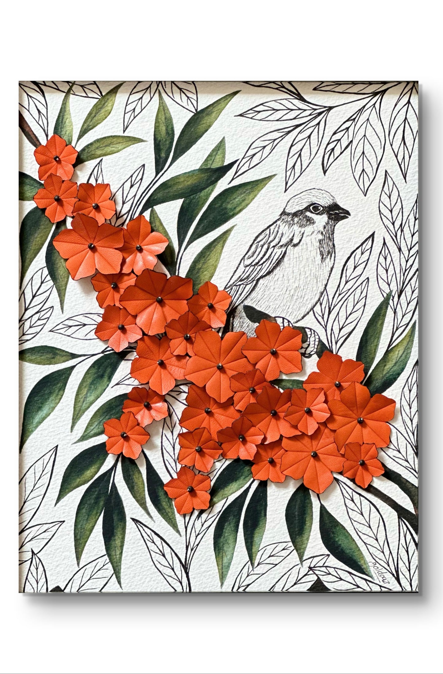 Embroidered picture with leather