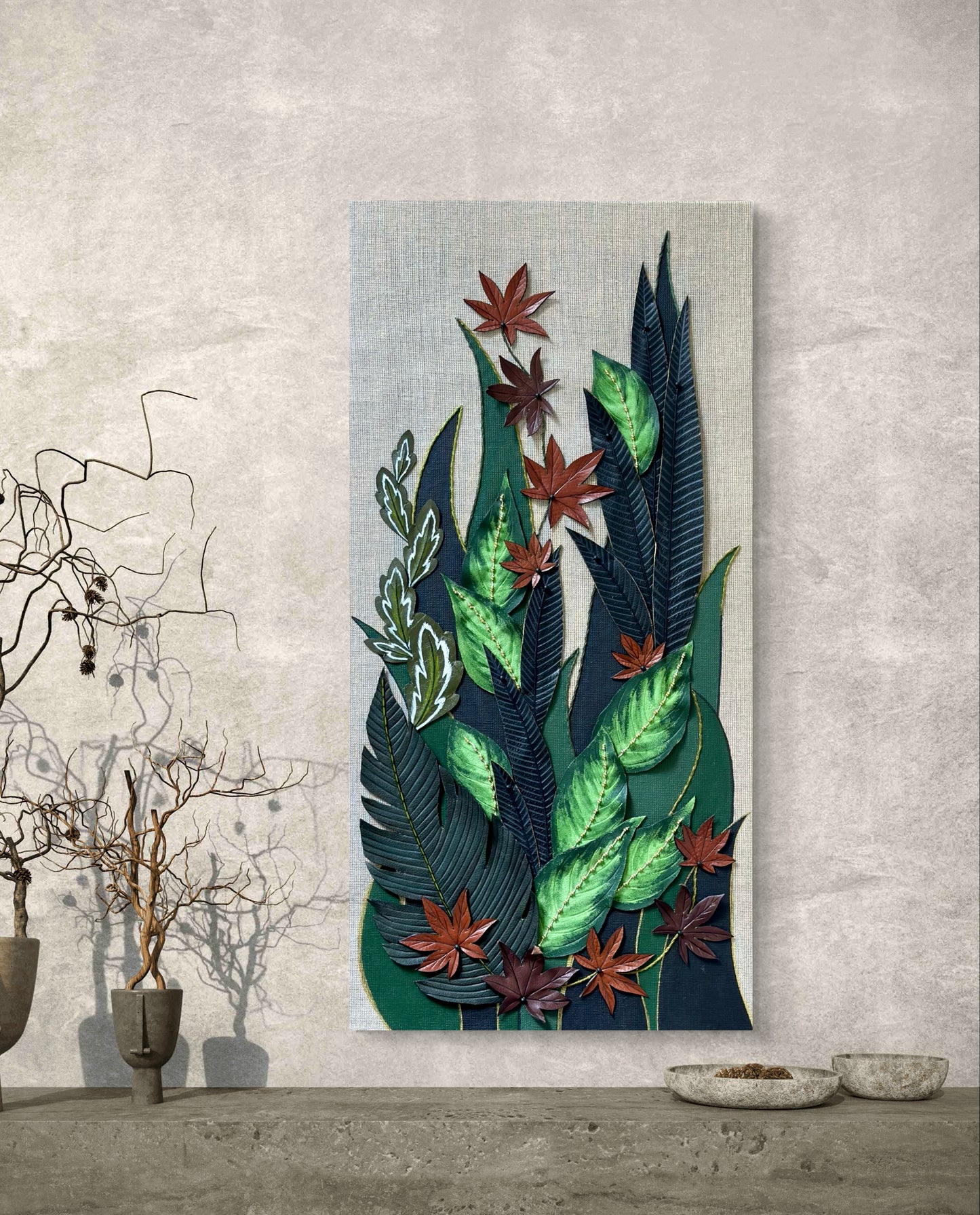 Embroidered picture with leather