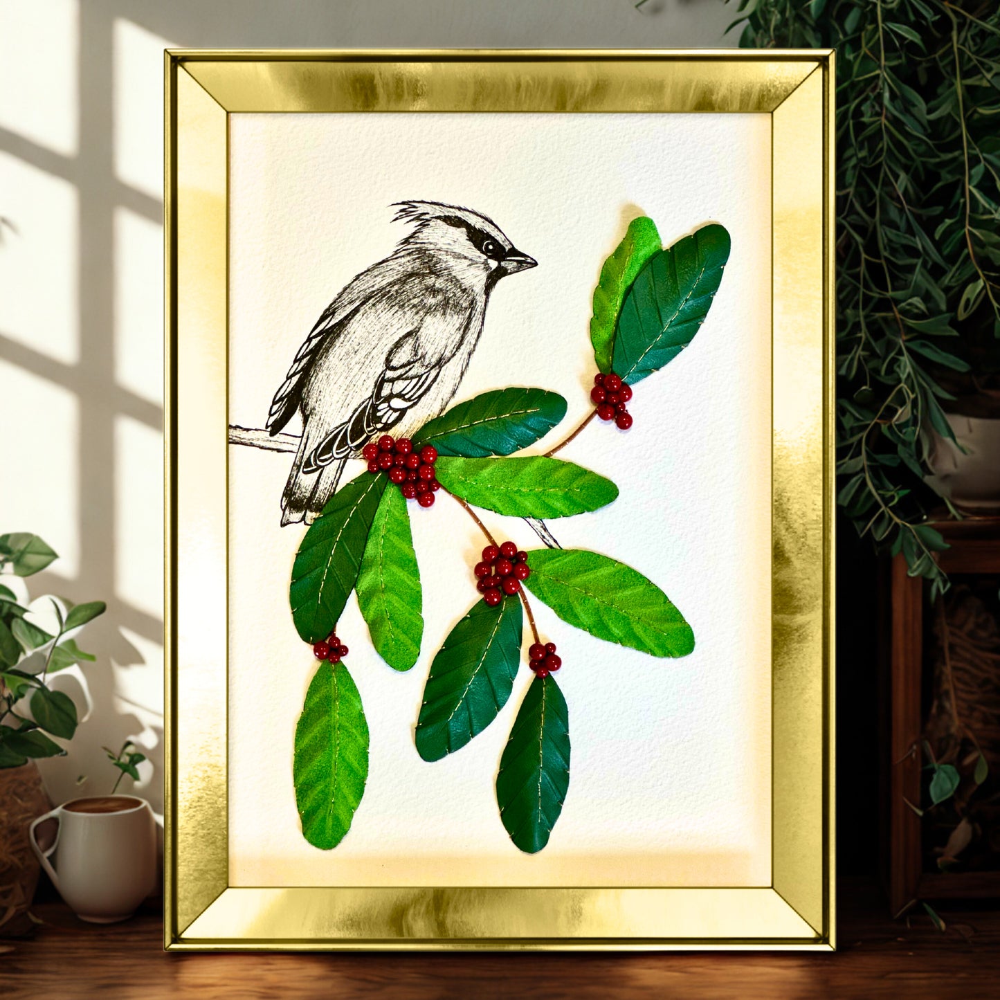 Embroidered picture with leather