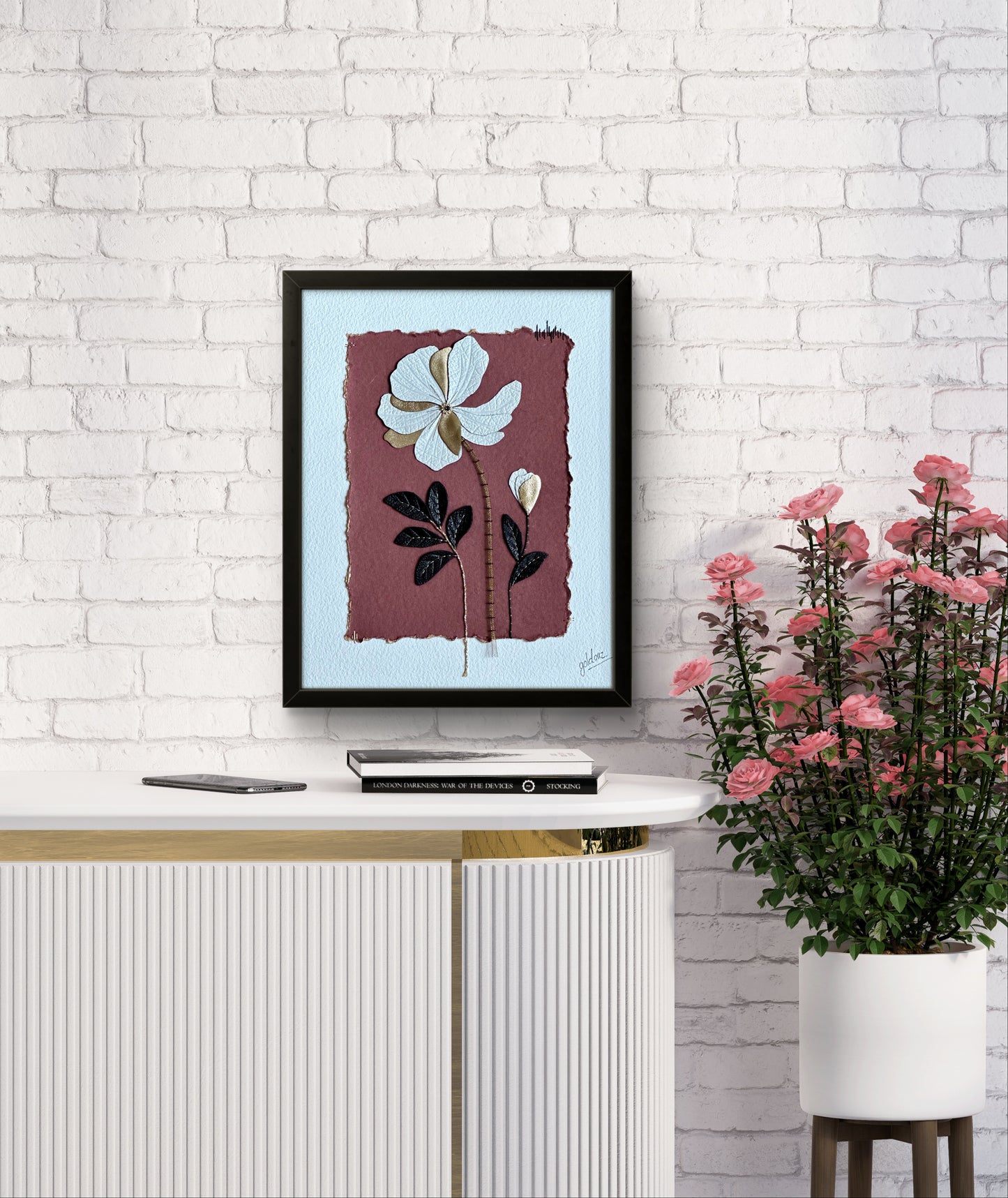 Embroidered picture with leather