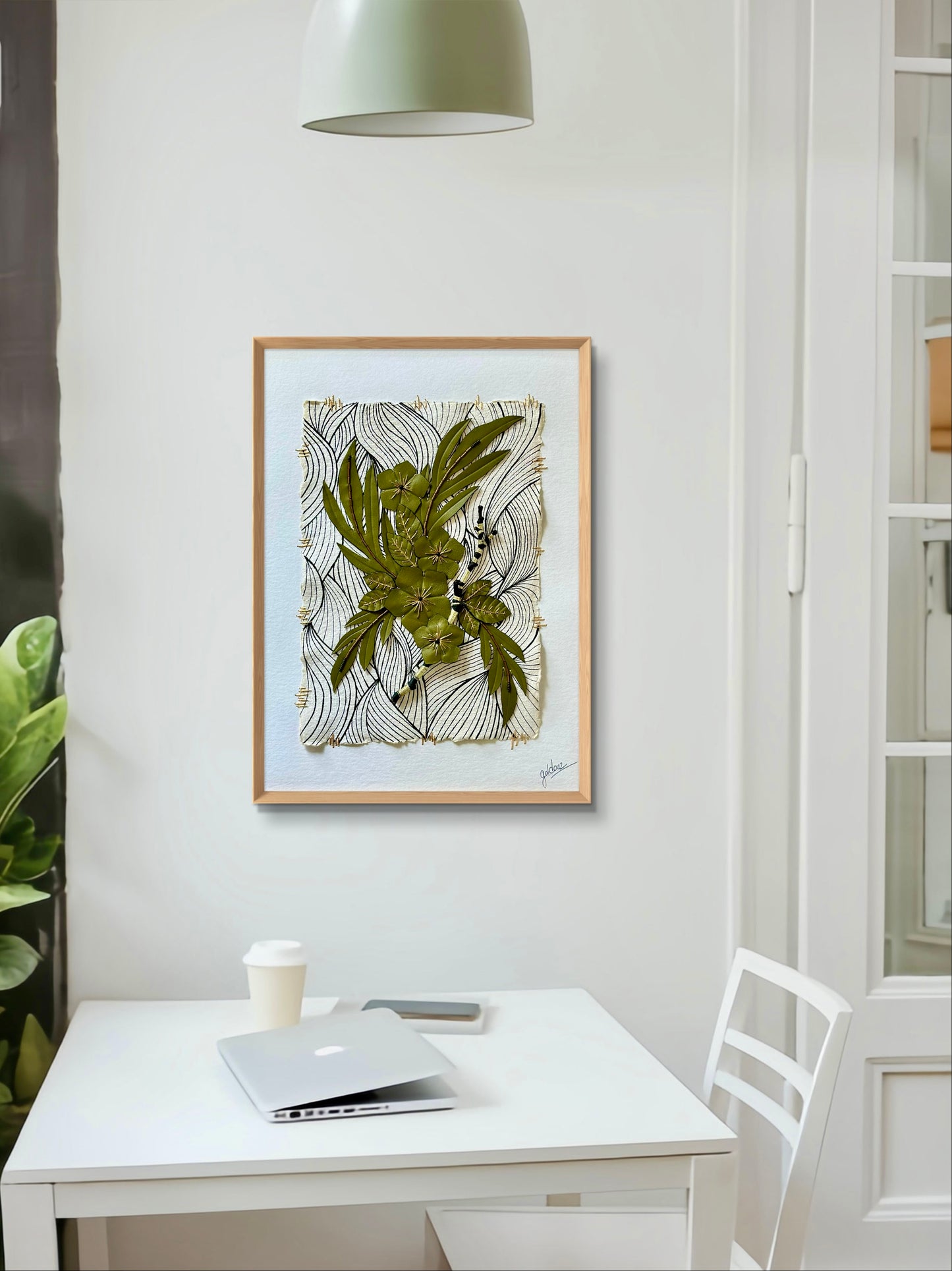 Embroidered picture with leather