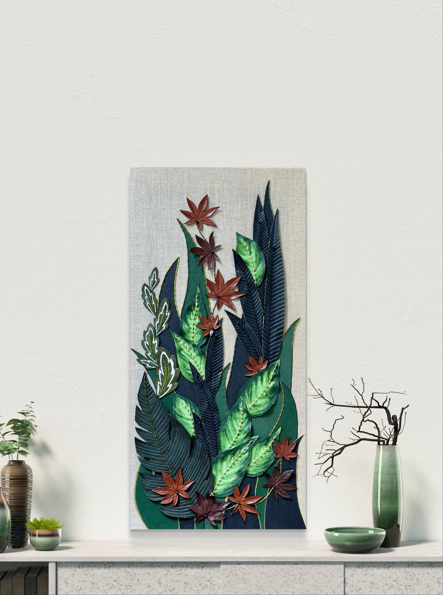 Embroidered picture with leather