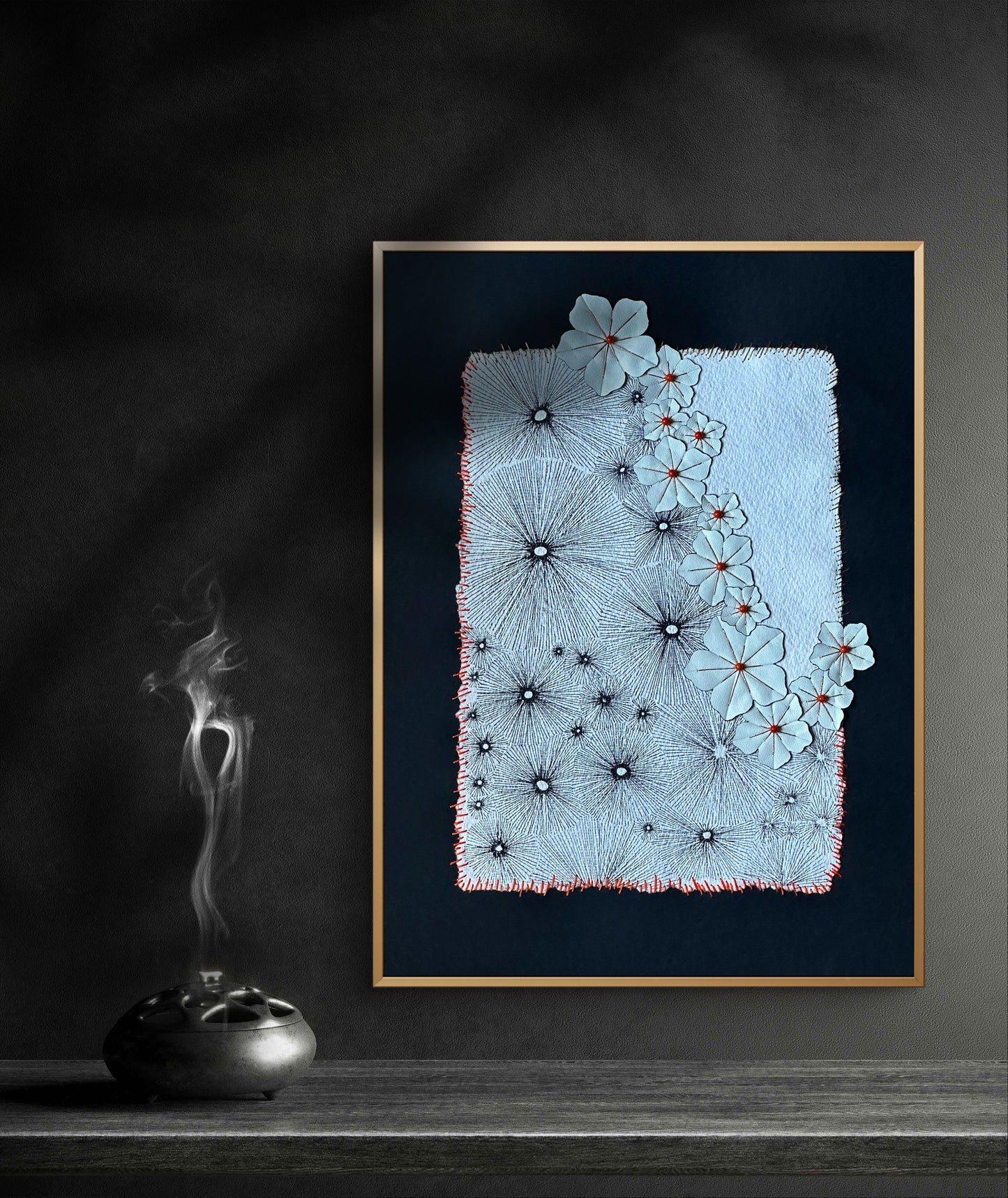 Embroidered picture with leather