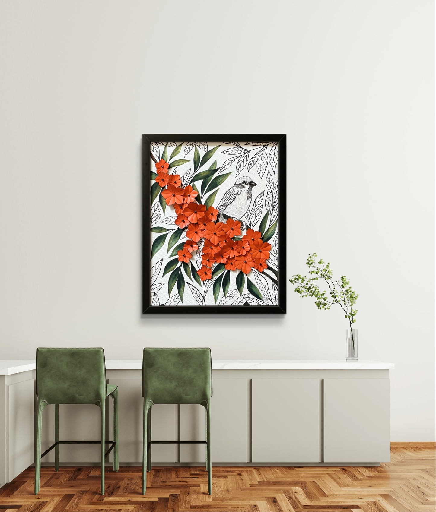 Embroidered picture with leather