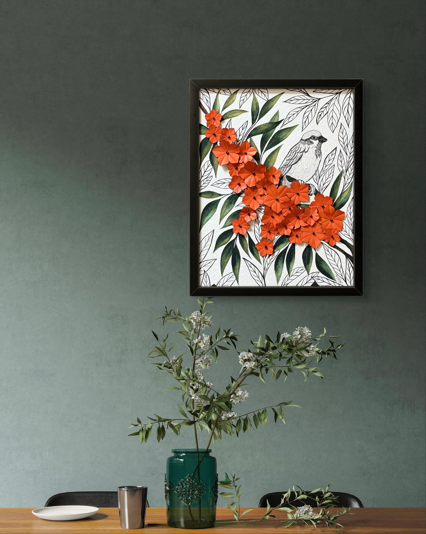 Embroidered picture with leather