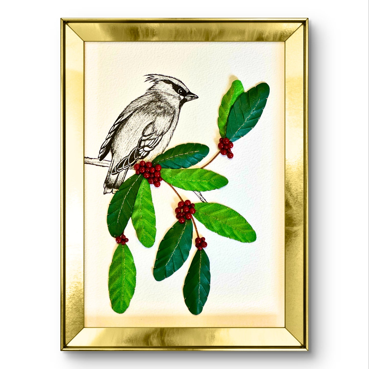 Embroidered picture with leather