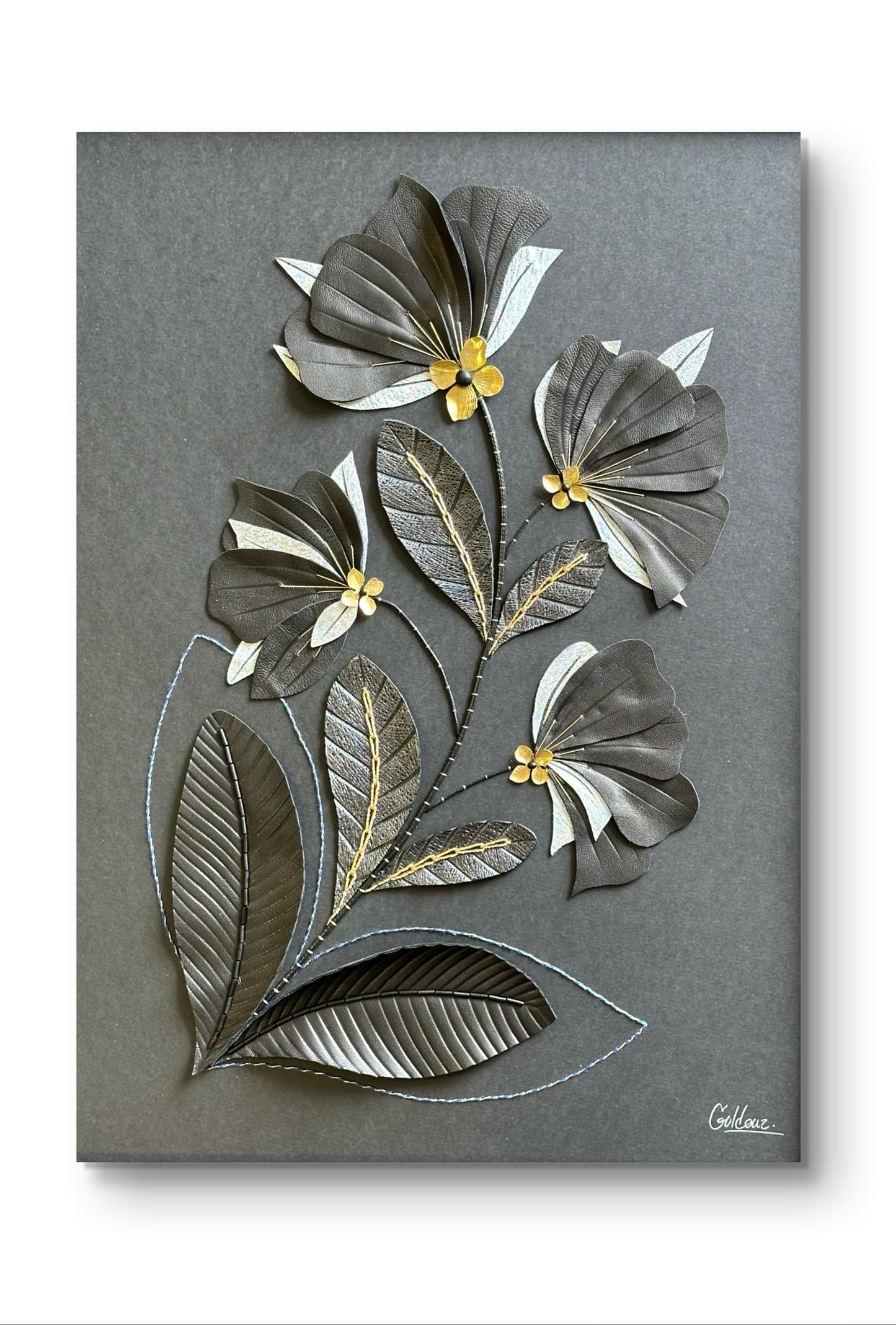 Embroidered picture with leather