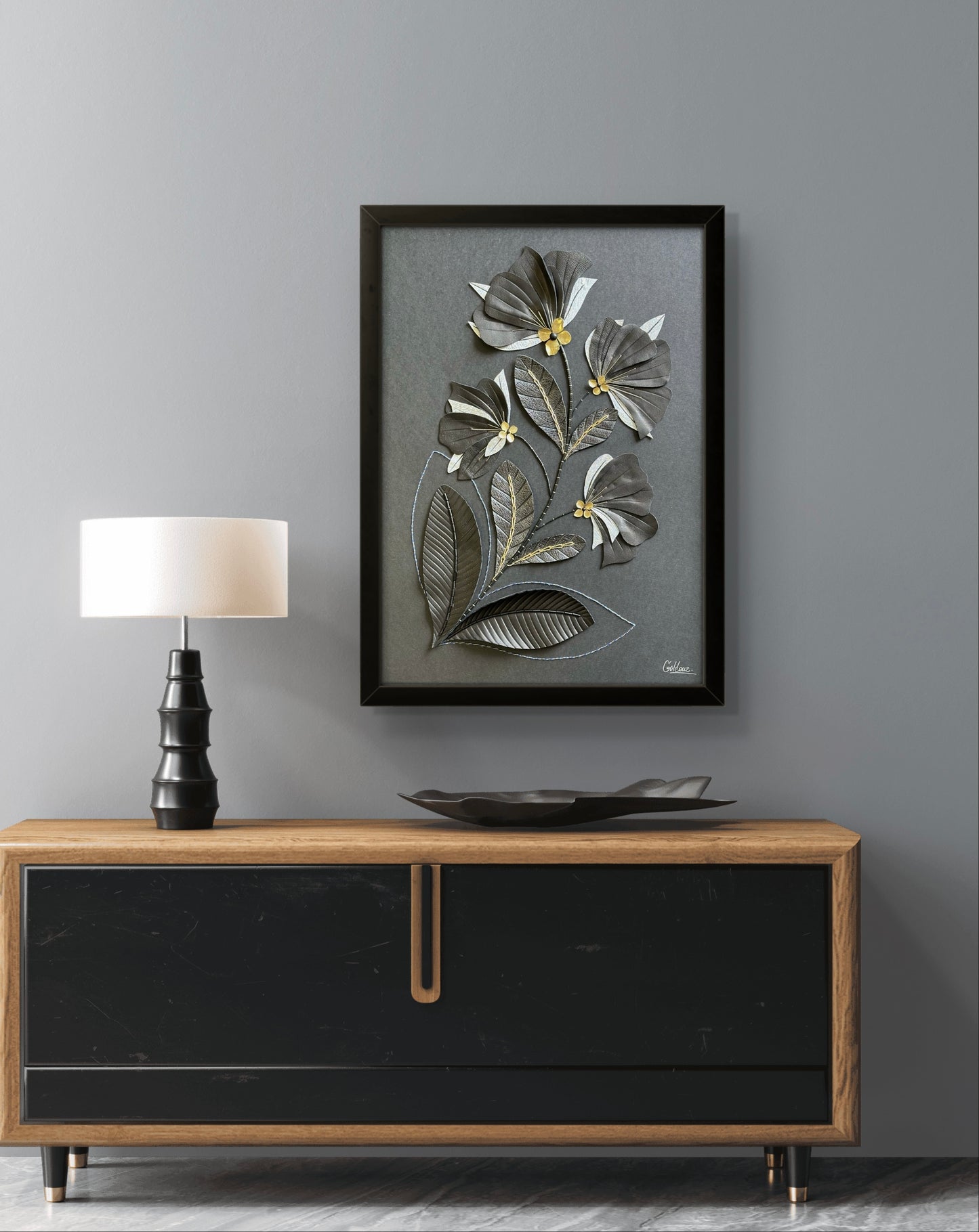 Embroidered picture with leather