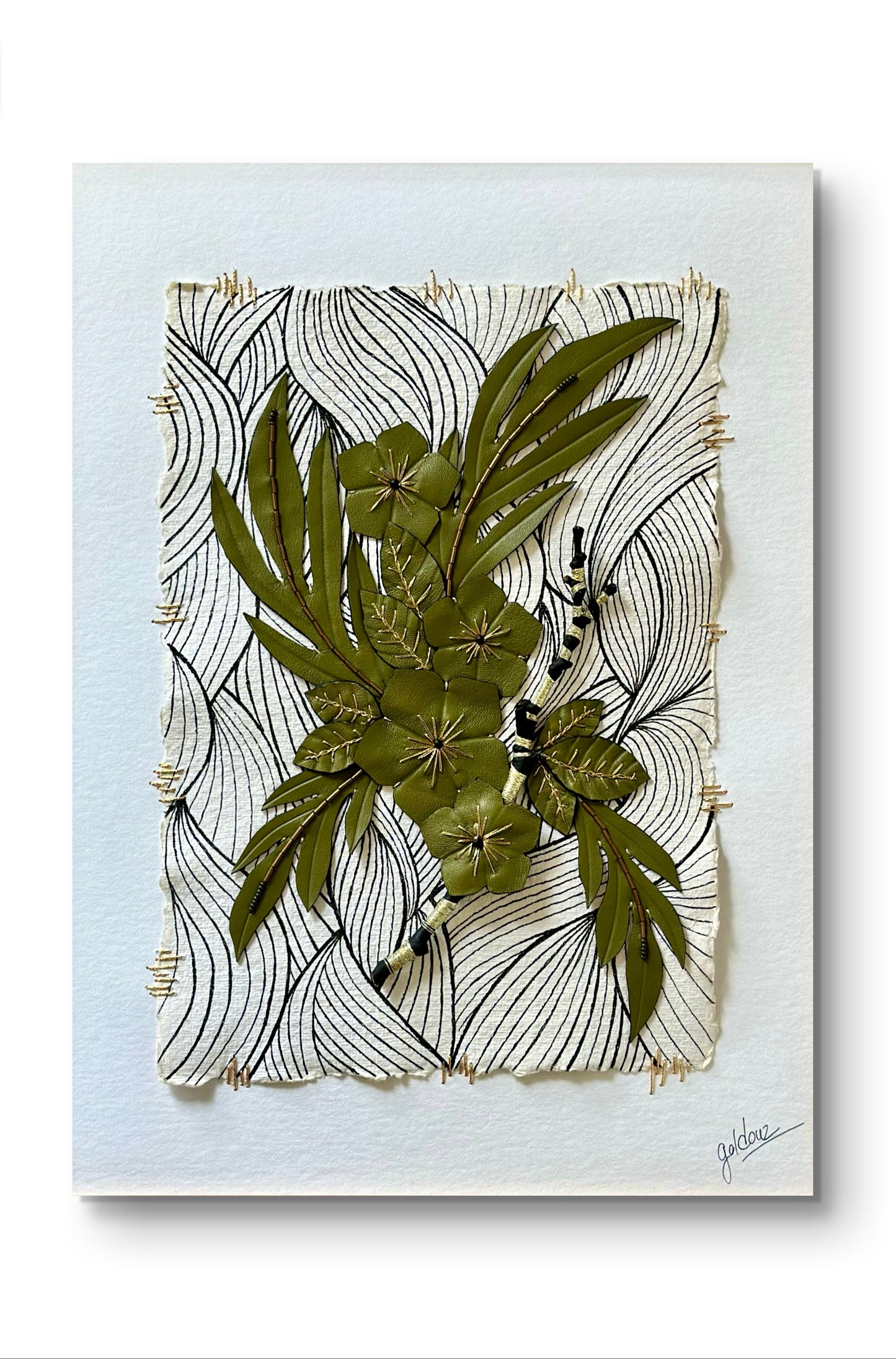 Embroidered picture with leather
