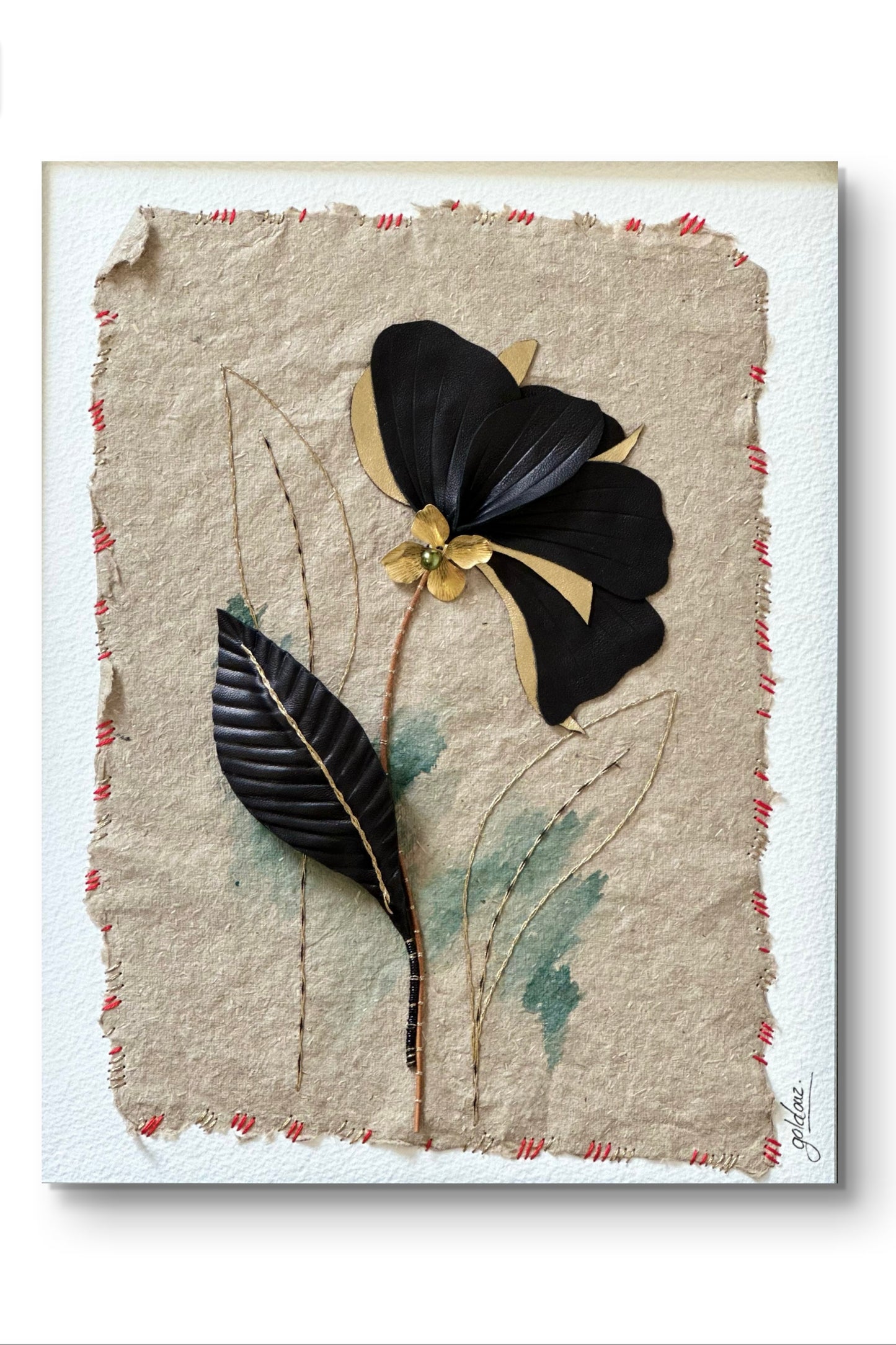 Embroidered picture with leather